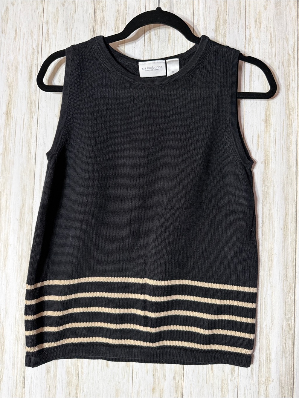 Liz Claiborne Black Knit Sleeveless Sweater with Cream Stripes